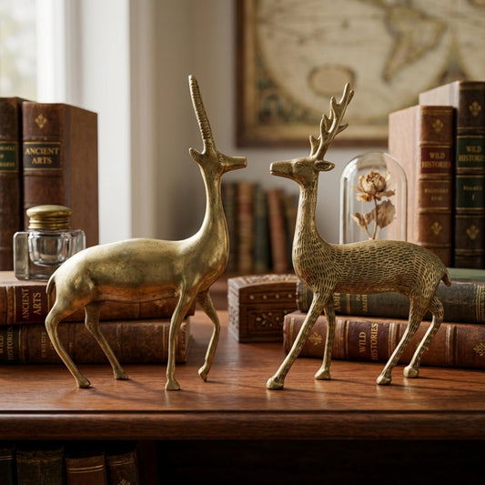 Antique Brass Deer Figurine Pair | Decorative Wildlife Sculptures | Made in 1976