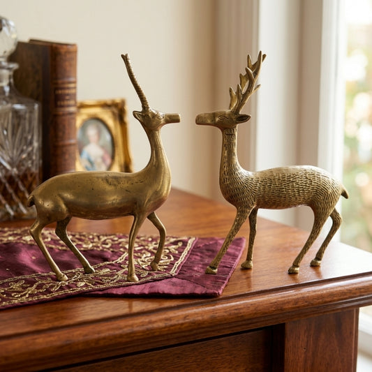 Antique Brass Deer Figurine Pair | Decorative Wildlife Sculptures | Made in 1976