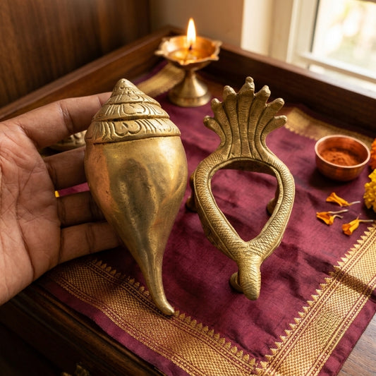 Antique Brass Shankh and Sheshnag Stand Set | Traditional Pooja Decor | Made in 1975