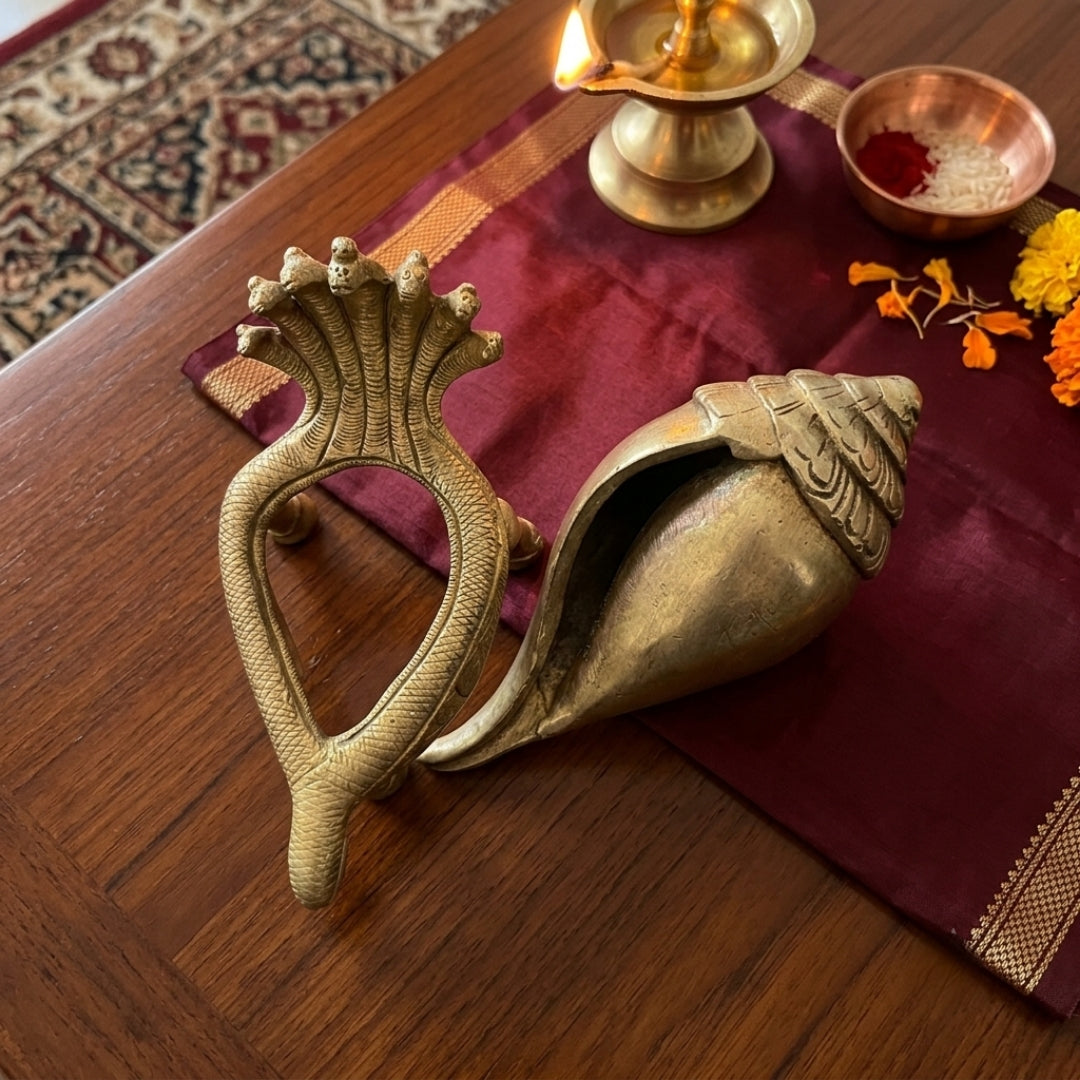 Antique Brass Shankh and Sheshnag Stand Set | Traditional Pooja Decor | Made in 1975