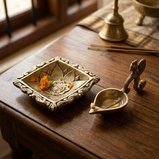 Antique Peetal Pooja Diya & Decorative Tray Set | Pure Brass Oil Lamp with Chowki | Made in 1973
