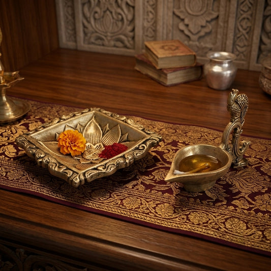 Antique Peetal Pooja Diya & Decorative Tray Set | Pure Brass Oil Lamp with Chowki | Made in 1973