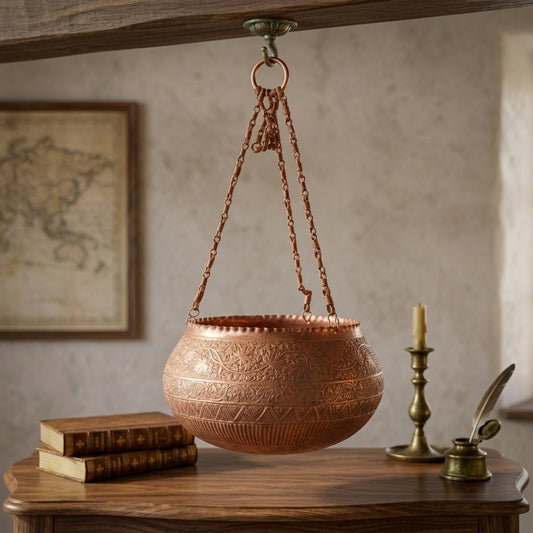 Antique Tamba Hanging Planter | Pure Copper Engraved Hanging Urli | Made in 1971