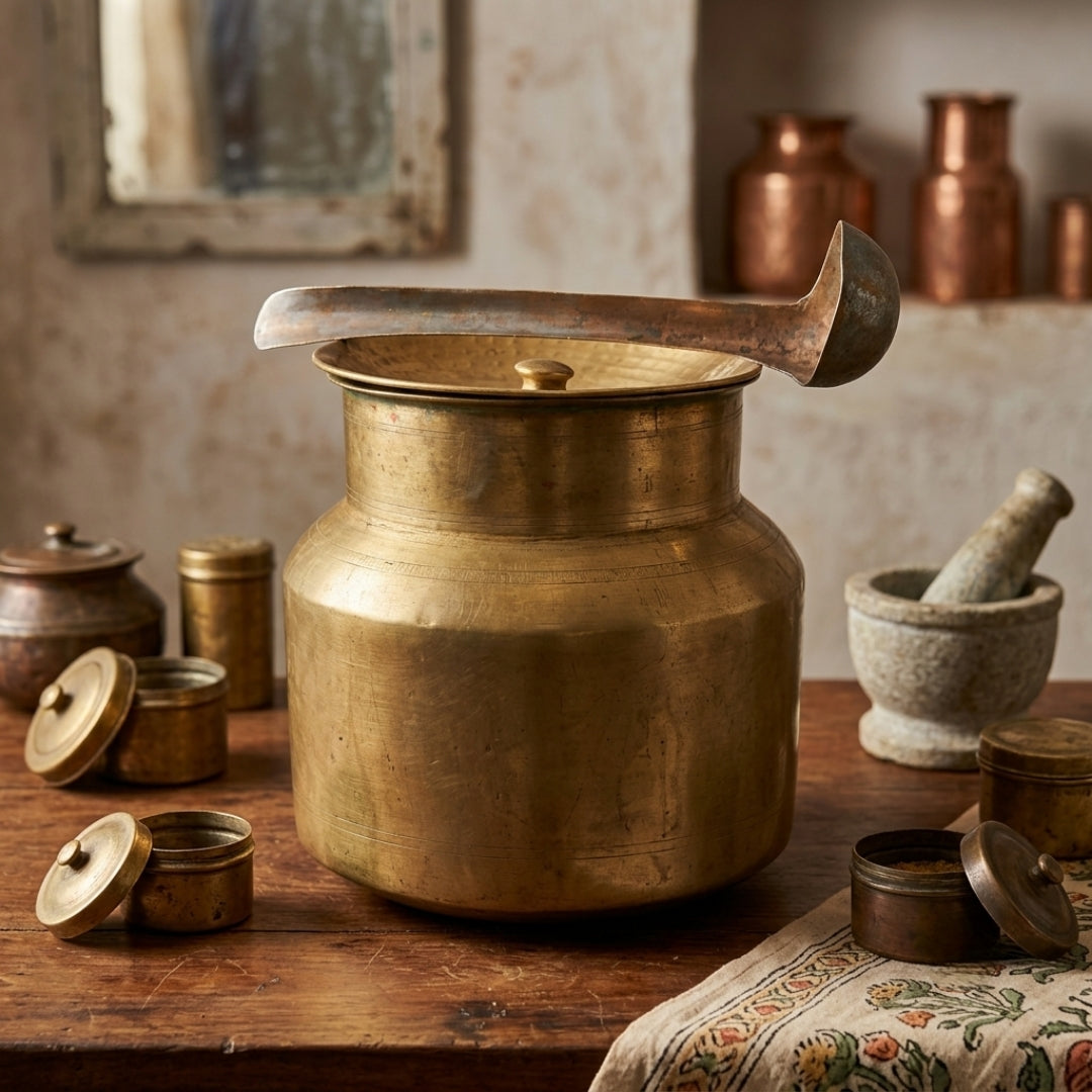 Antique Peetal Cooking Pot with Lid & Ladle | Pure Brass Handi | Made in 1975