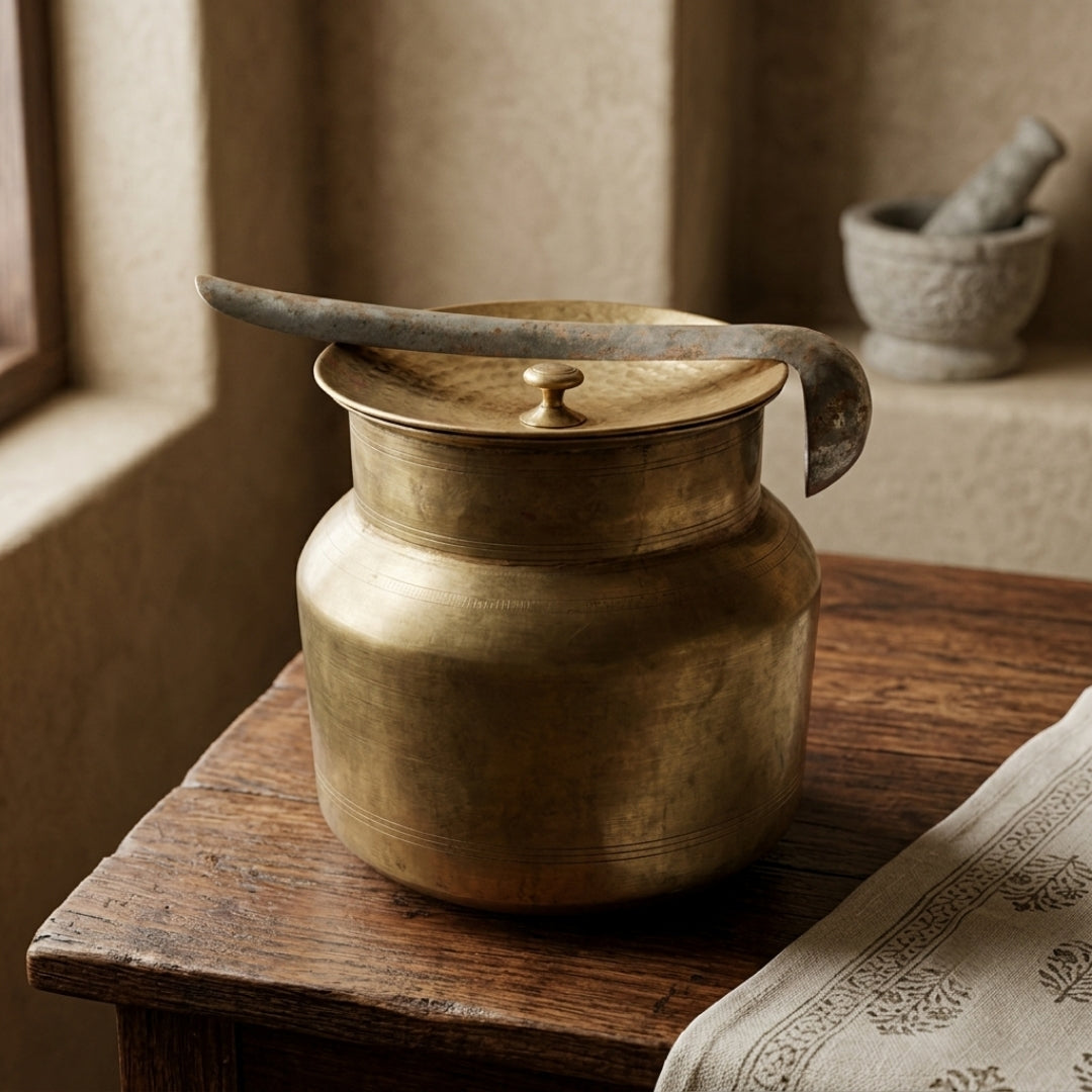 Antique Peetal Cooking Pot with Lid & Ladle | Pure Brass Handi | Made in 1975