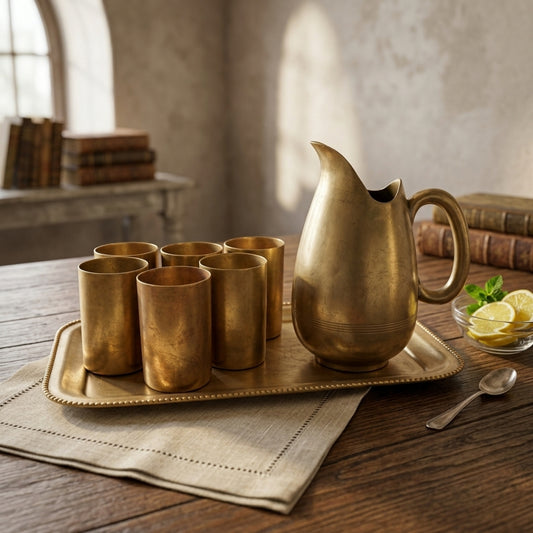 Antique Peetal Refreshment Set | Pure Brass Jug, 6 Glasses & Tray | Made in 1979