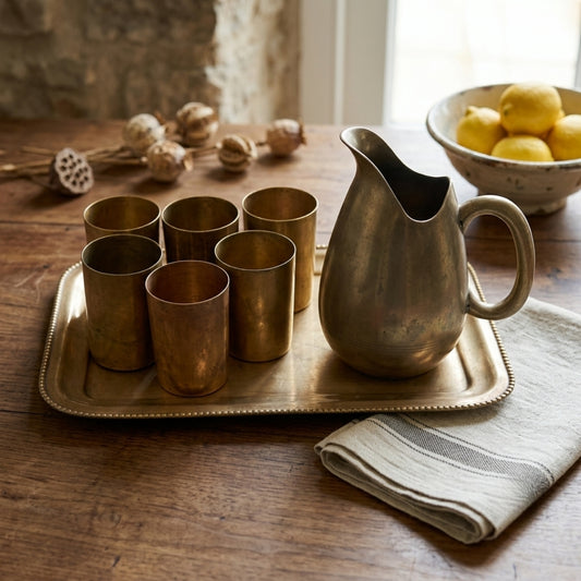 Antique Peetal Refreshment Set | Pure Brass Jug, 6 Glasses & Tray | Made in 1979