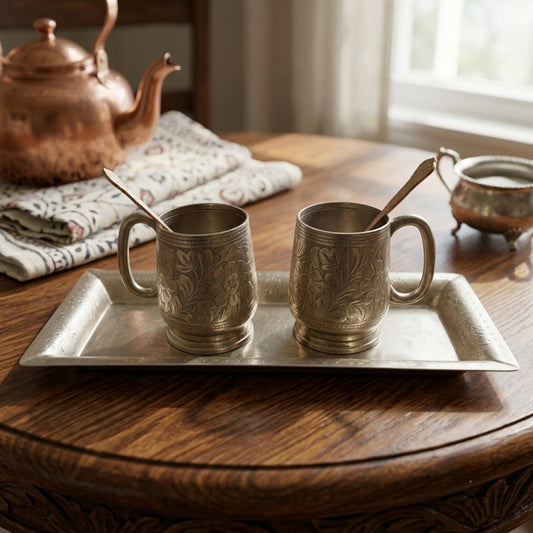 Antique Peetal Silver-Coated Mug Set | Silver-Coated Brass Mugs with Tray & Spoons | Made in 1974