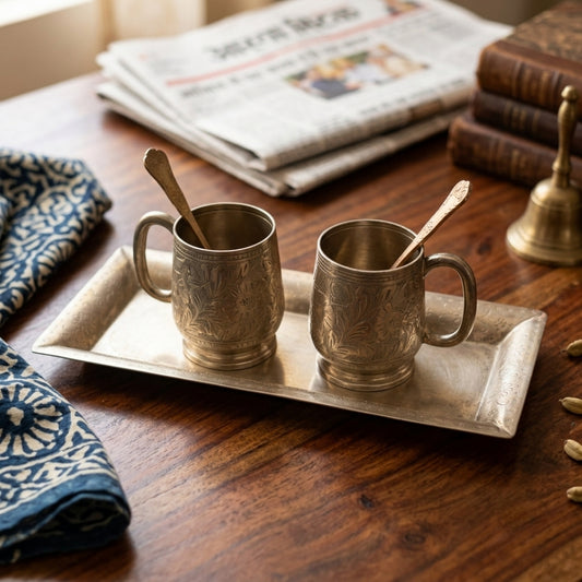 Antique Peetal Silver-Coated Mug Set | Silver-Coated Brass Mugs with Tray & Spoons | Made in 1974