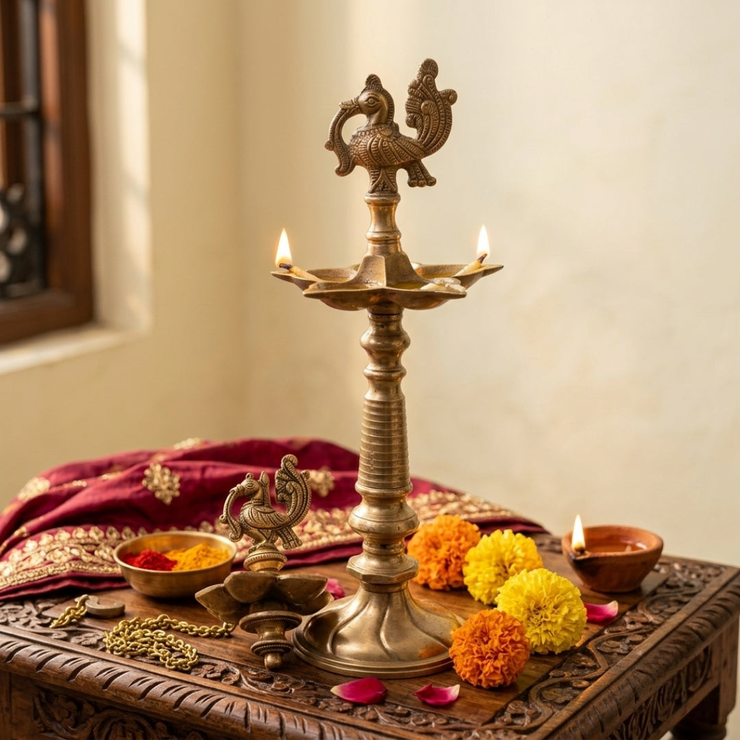 Antique Peetal Peacock Lamp Set of 2 | Pure Brass Traditional Oil Lamps | Made in 1981