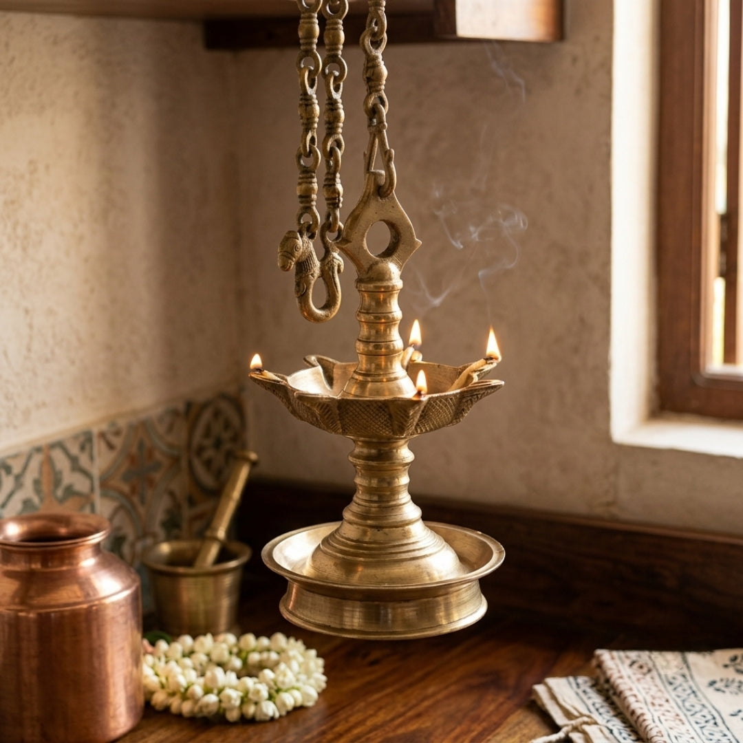 Antique Peetal Hanging Lamp Set of 2 | Pure Brass Traditional Oil Lamps | Made in 1970