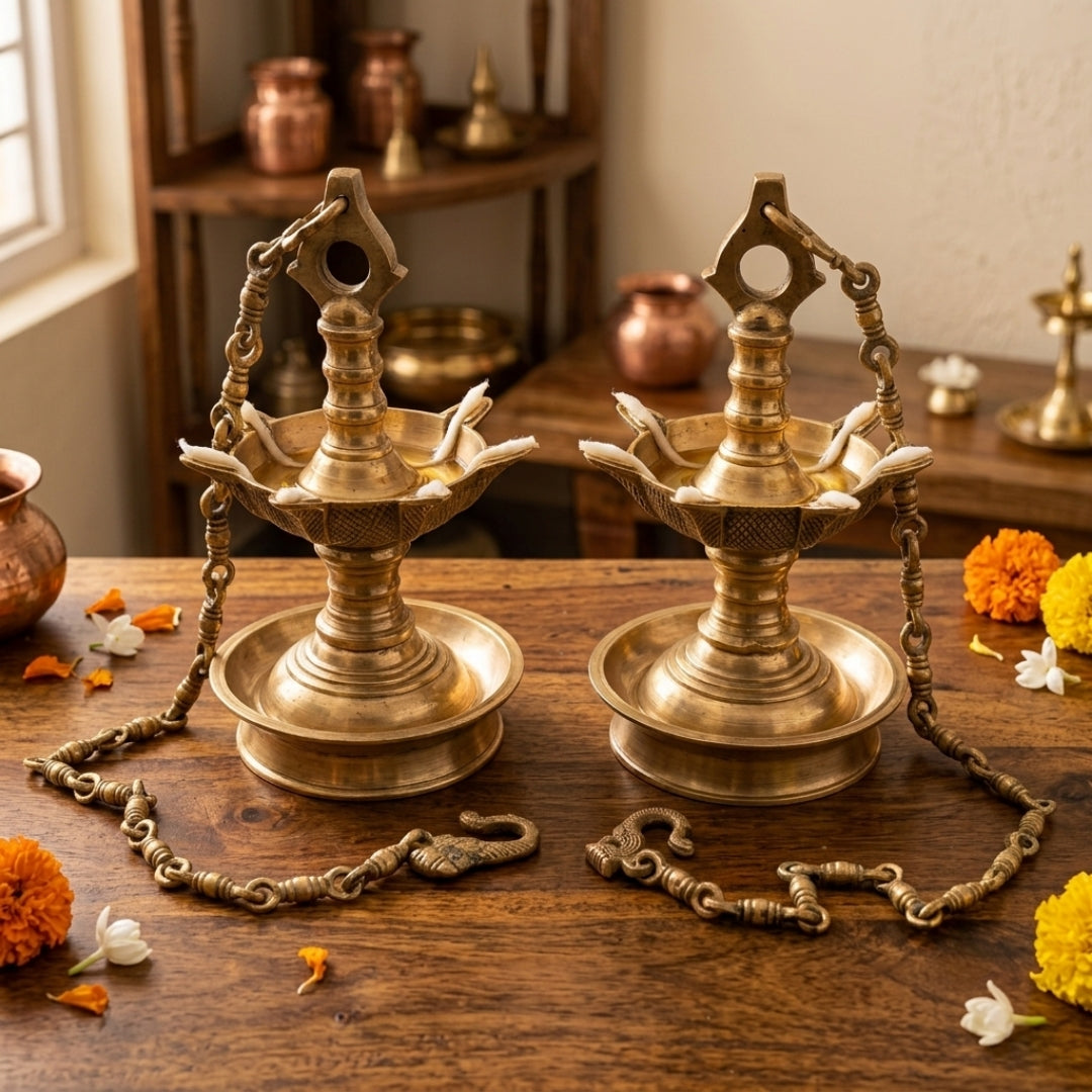 Antique Peetal Hanging Lamp Set of 2 | Pure Brass Traditional Oil Lamps | Made in 1970