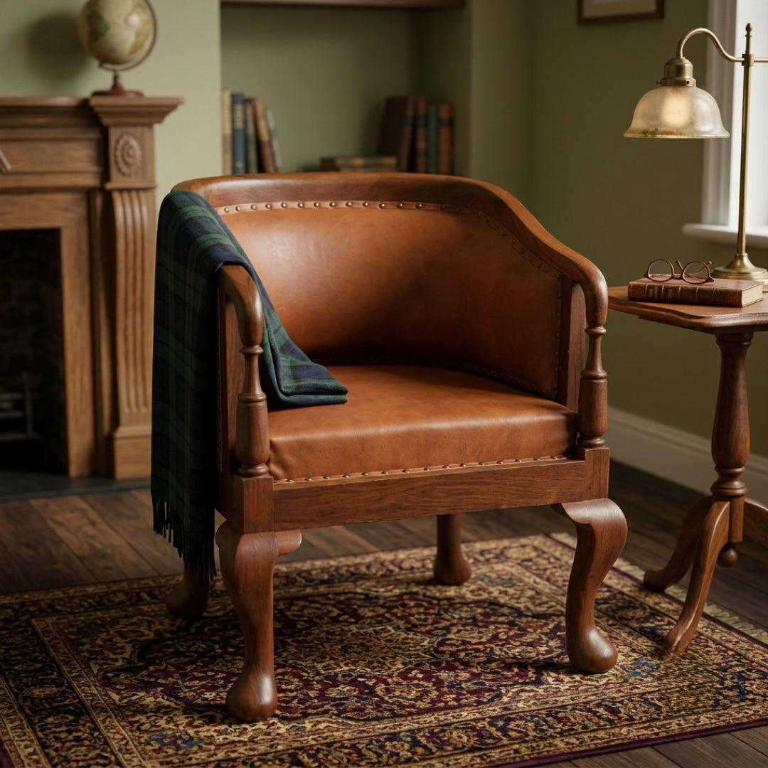 Sagwan Teak Wood Cognac Tan Leatherette Barrel Armchair | Solid Teak Captain’s Chair with Brass Studs & Cabriole Legs | Inspired by 18th Century Queen Anne Style