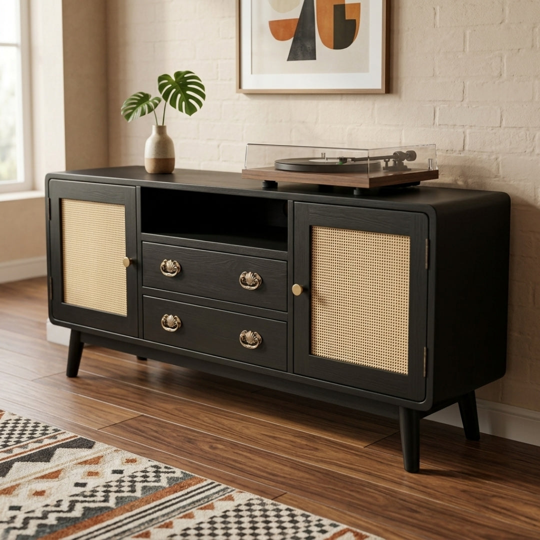 Sagwan Teak Wood Black Rattan Cane Media Console | Matte Black Solid Teak TV Stand & Sideboard with Shell Pull Handles | Inspired by 1950s Mid-Century Modern Scandinavian Design