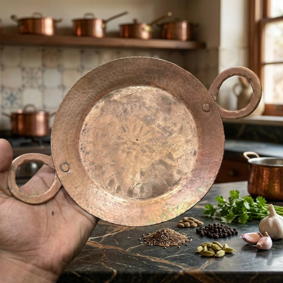 Antique Tamba Kadhai Set of 2 | Pure Copper Traditional Cooking Pans | Made in 1971