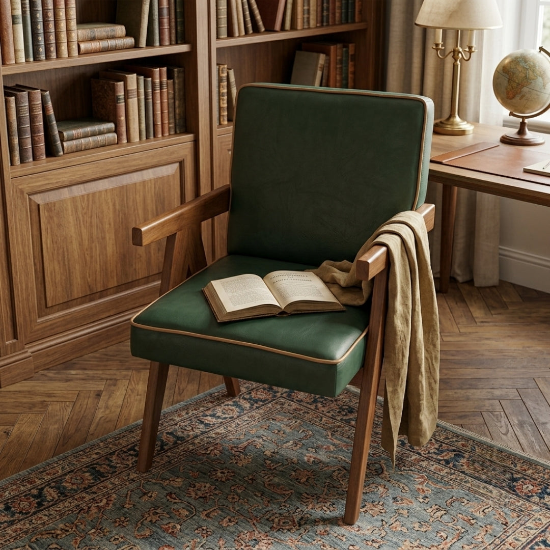 Sagwan Teak Wood Olive Green Leatherette Armchair | Solid Teak Lounge Accent Chair with Contrast Piping | Inspired by 1950s Mid-Century Modern Pierre Jeanneret Design Movement