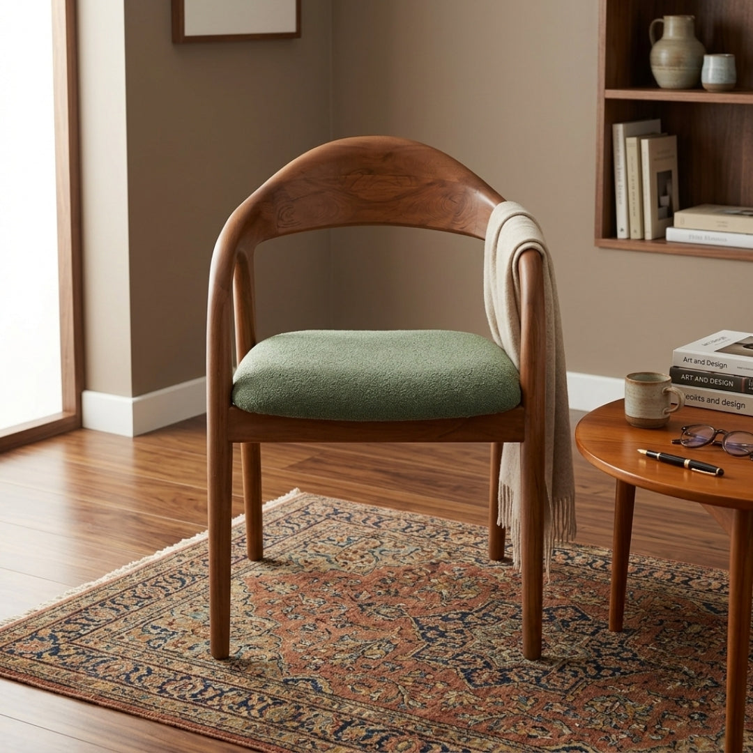 Sagwan Teak Wood Curved Back Upholstered Armchair | Solid Teak Dining & Desk Accent Chair with Sage Green Fabric Cushion | Inspired by Mid-Century Scandinavian Organic Modern Design Movement