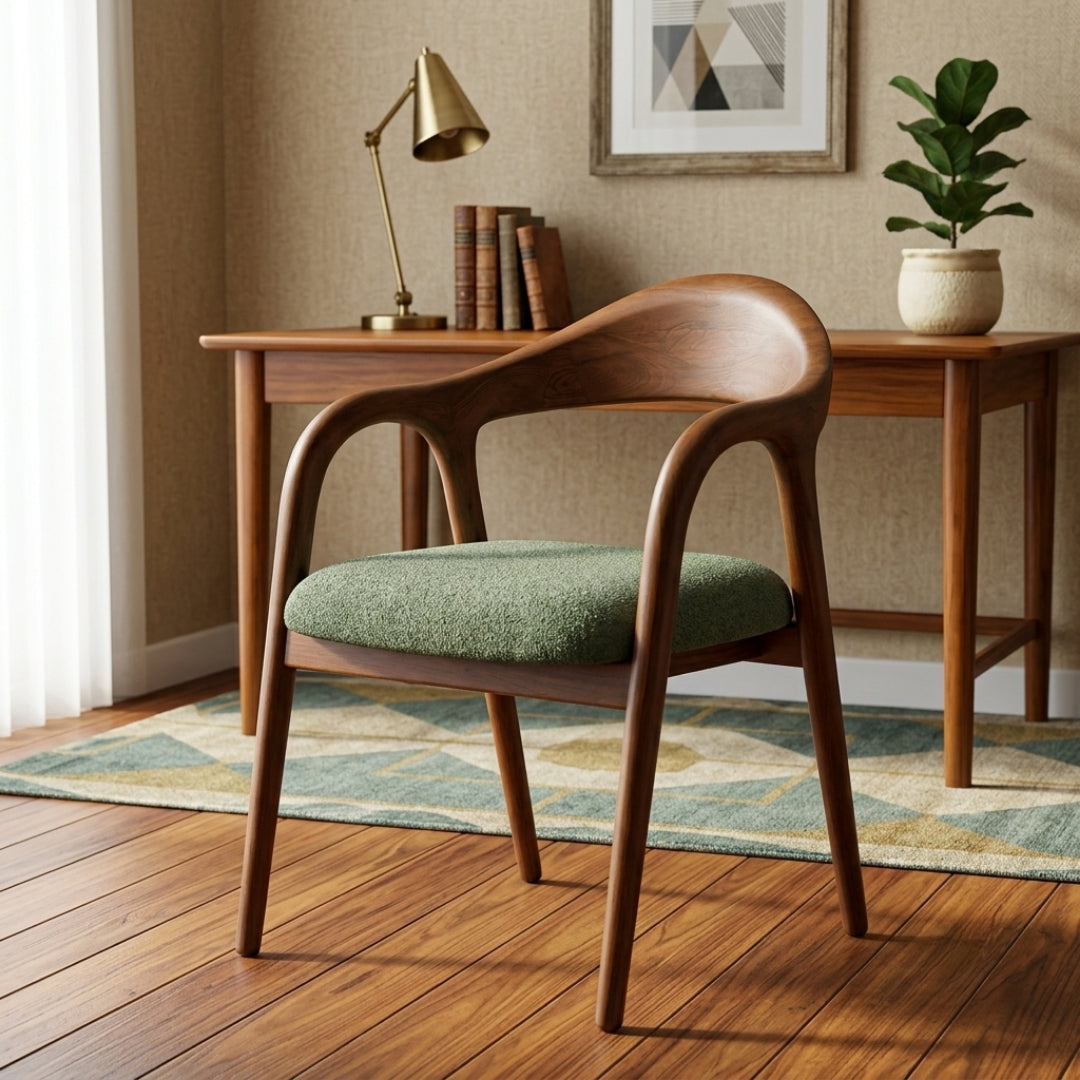 Sagwan Teak Wood Curved Back Upholstered Armchair | Solid Teak Dining & Desk Accent Chair with Sage Green Fabric Cushion | Inspired by Mid-Century Scandinavian Organic Modern Design Movement