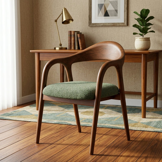 Sagwan Teak Wood Curved Back Upholstered Armchair | Solid Teak Dining & Desk Accent Chair with Sage Green Fabric Cushion | Inspired by Mid-Century Scandinavian Organic Modern Design Movement - Bombay Antiques