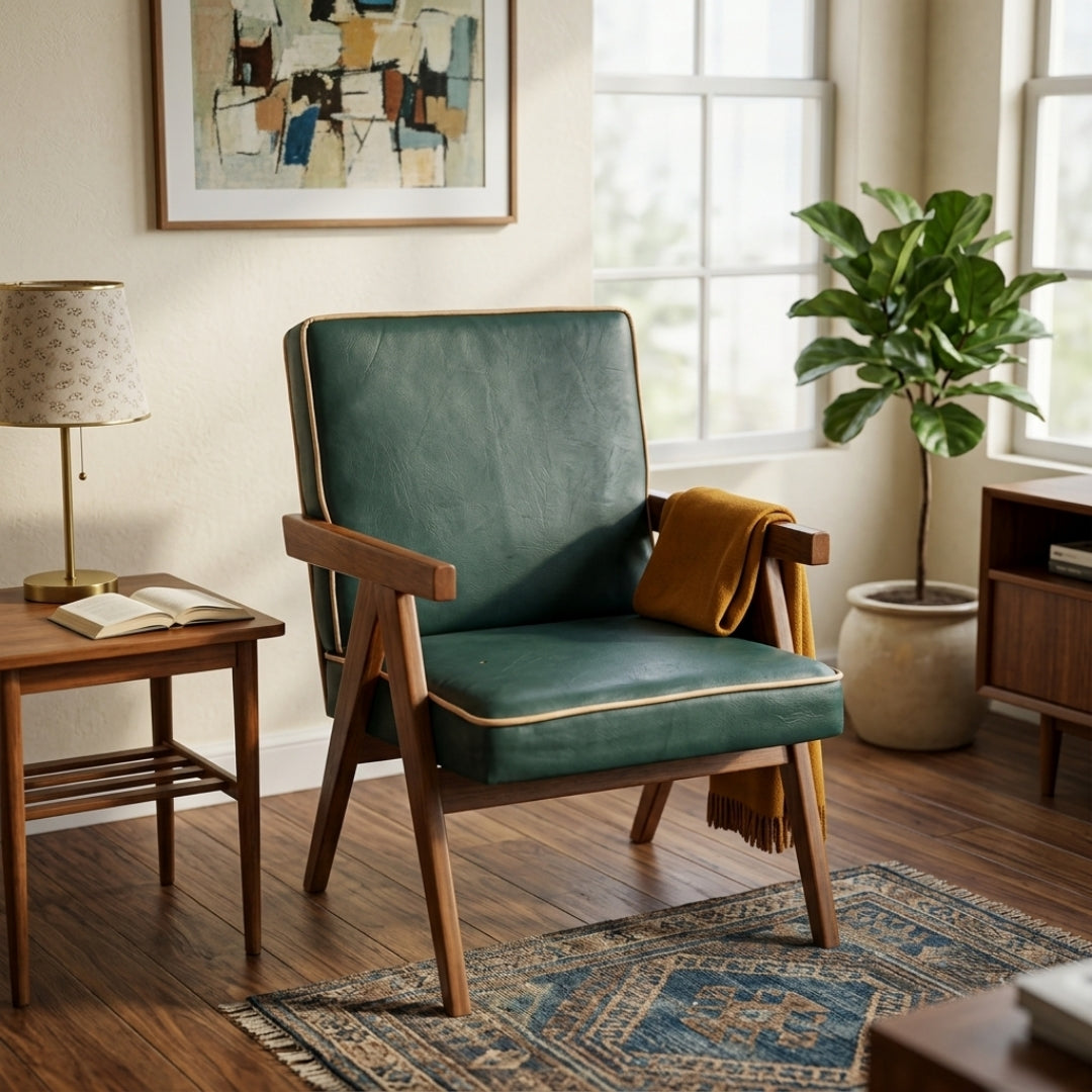 Sagwan Teak Wood Olive Green Leatherette Armchair | Solid Teak Lounge Accent Chair with Contrast Piping | Inspired by 1950s Mid-Century Modern Pierre Jeanneret Design Movement