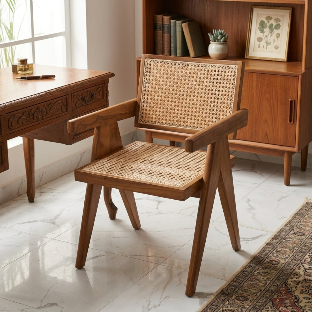 Sagwan Teak Wood Rattan Cane Armchair | Solid Teak Office & Dining Accent Chair with Hand-Woven Cane Seat | Inspired by 1950s Mid-Century Modern Pierre Jeanneret Chandigarh Design Movement