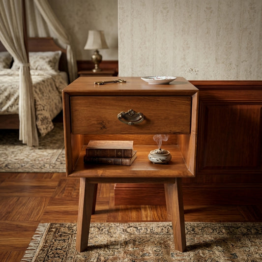 Sagwan Teak Wood Single Drawer Nightstand with Open Cubby | Solid Teak Bedside Table with Antique Brass Bail Pull and Splayed Legs | Inspired by Mid-Century Modern Design Movement - Bombay Antiques
