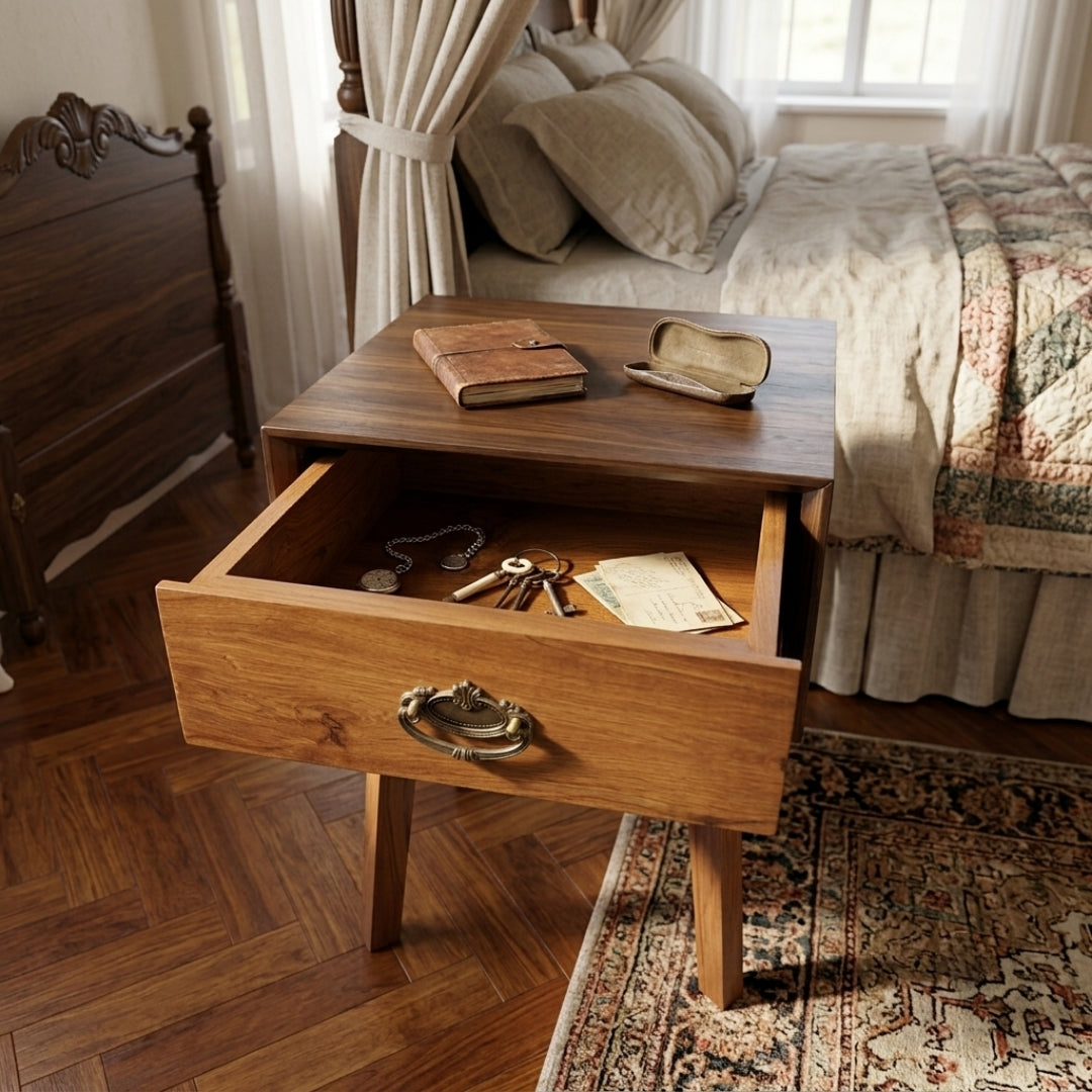 Sagwan Teak Wood Single Drawer Nightstand with Open Cubby | Solid Teak Bedside Table with Antique Brass Bail Pull and Splayed Legs | Inspired by Mid-Century Modern Design Movement