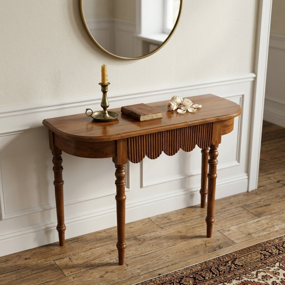 Sagwan Teak Wood Scalloped Fluted Console Table | Solid Teak Entryway & Foyer Table with Turned Legs | Inspired by 19th Century French & Art Deco Transition Design Movement