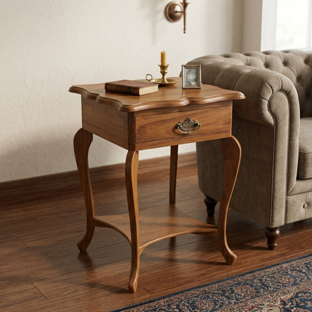 Sagwan Teak Wood Single Drawer Side Table with Scalloped Top | Solid Teak End Table with Antique Brass Handle and Cabriole Legs | Inspired by 19th Century French Provincial Design Movement
