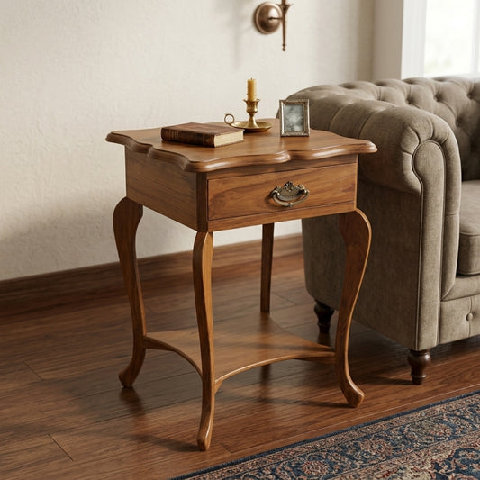 Sagwan Teak Wood Single Drawer Side Table with Scalloped Top | Solid Teak End Table with Antique Brass Handle and Cabriole Legs | Inspired by 19th Century French Provincial Design Movement - Bombay Antiques