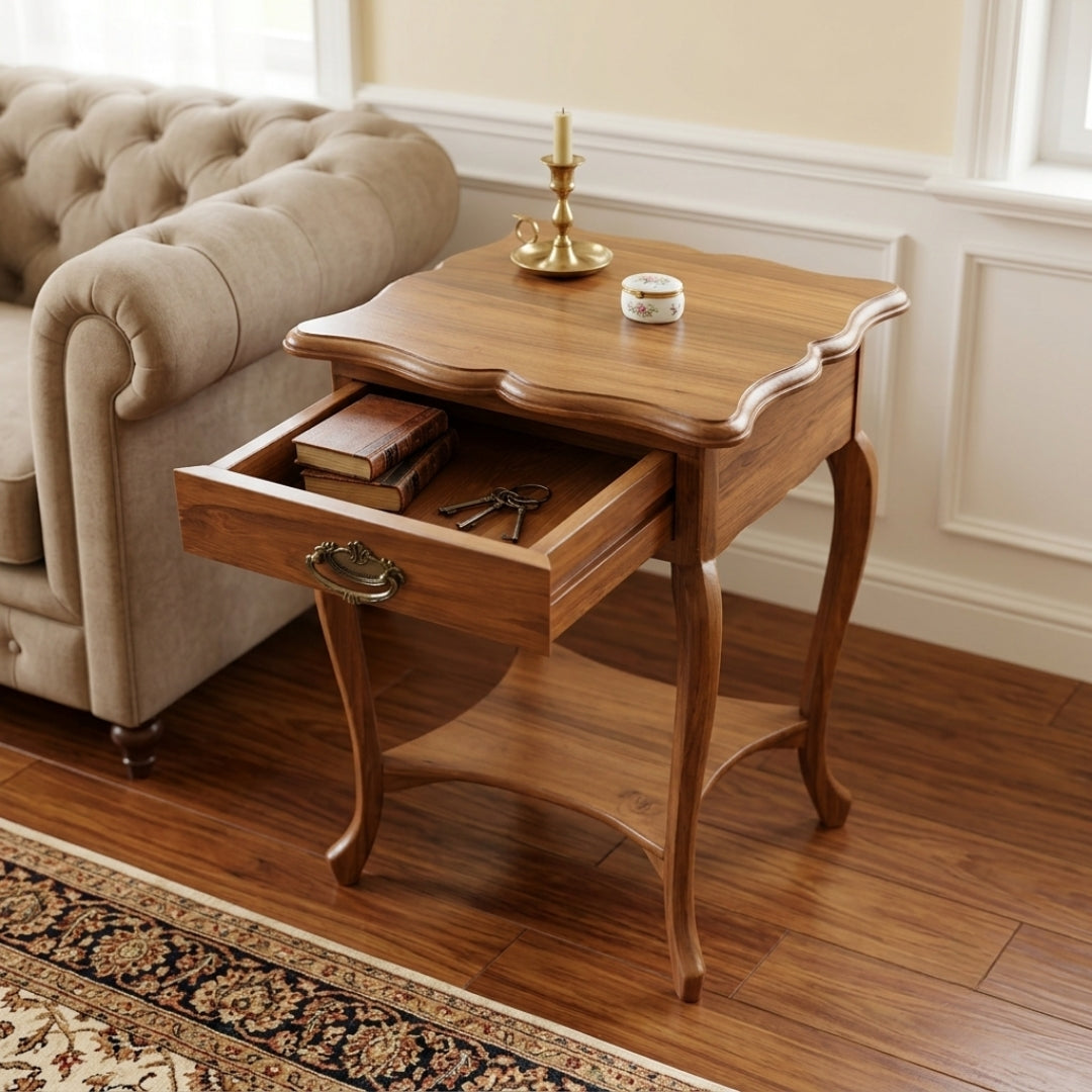 Sagwan Teak Wood Single Drawer Side Table with Scalloped Top | Solid Teak End Table with Antique Brass Handle and Cabriole Legs | Inspired by 19th Century French Provincial Design Movement