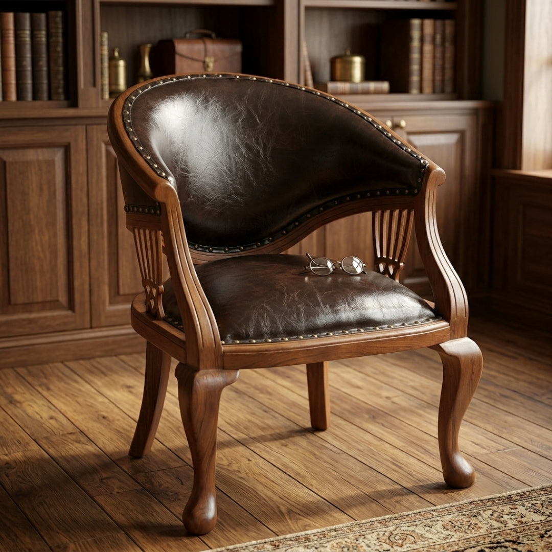 Sagwan Teak Wood Dark Brown Leatherette Barrel Armchair | Solid Teak Captain’s Office & Library Chair with Brass Studs & Cabriole Legs | Inspired by 18th Century Chippendale Style