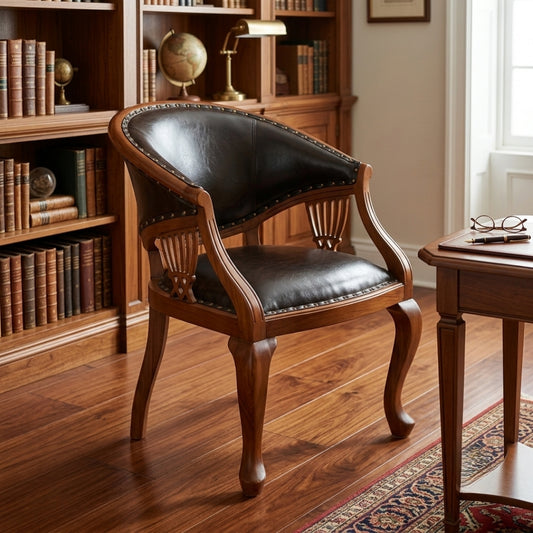 Sagwan Teak Wood Dark Brown Leatherette Barrel Armchair | Solid Teak Captain’s Office & Library Chair with Brass Studs & Cabriole Legs | Inspired by 18th Century Chippendale Style - Bombay Antiques
