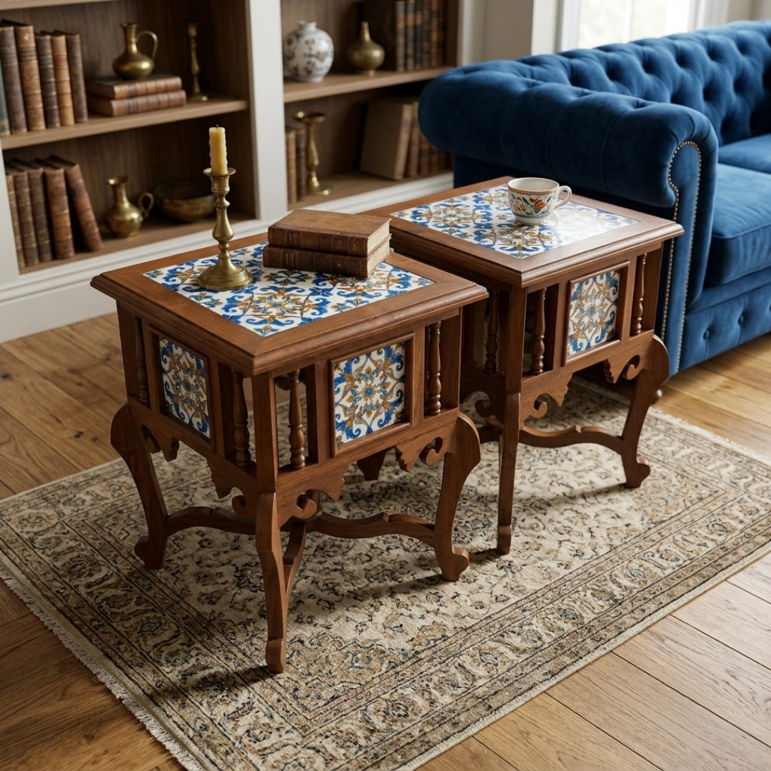 Sagwan Teak Wood Indo-Portuguese Ceramic Tile Side Table | Solid Teak End Table with Hand-Painted Tiles on All Sides and Turned Spindling | Inspired by 19th Century Bombay Antique & Goan Colonial Tradition