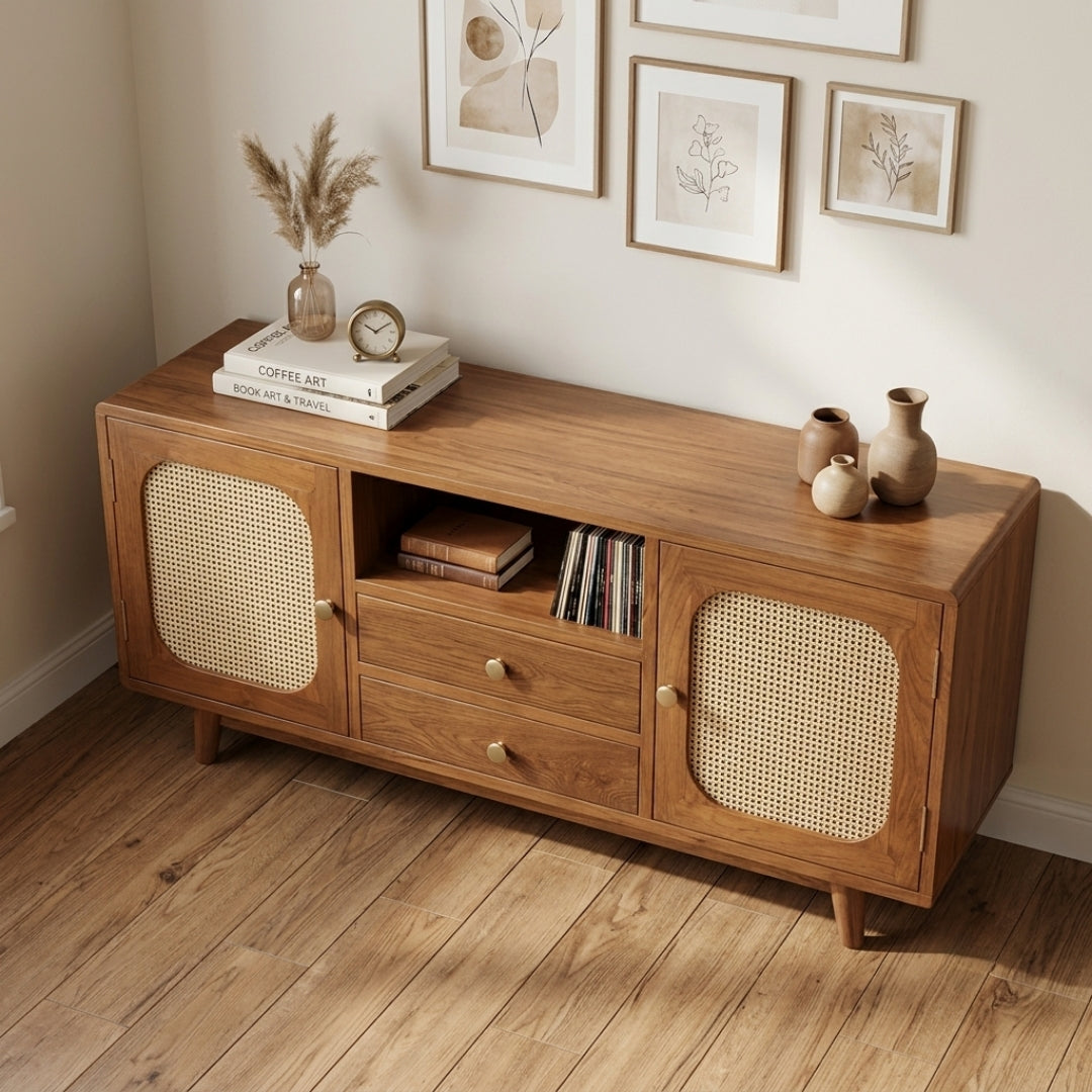 Sagwan Teak Wood Rattan Cane Media Console | Solid Teak Sideboard & TV Stand with Woven Cane Doors | Inspired by Mid-Century Modern Scandinavian Design