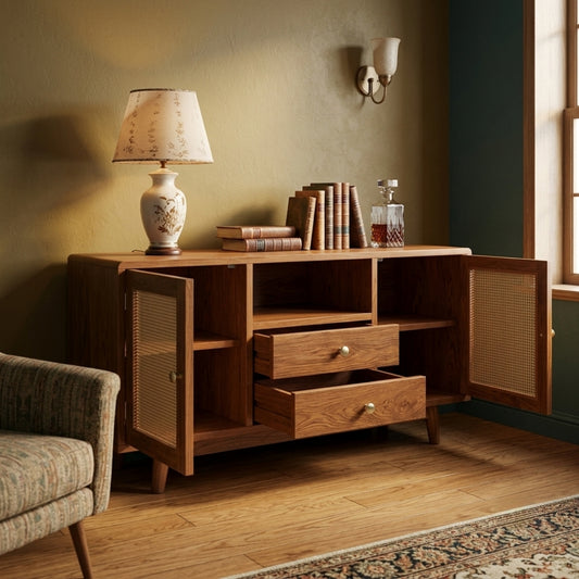Sagwan Teak Wood Rattan Cane Media Console | Solid Teak Sideboard & TV Stand with Woven Cane Doors | Inspired by Mid-Century Modern Scandinavian Design - Bombay Antiques