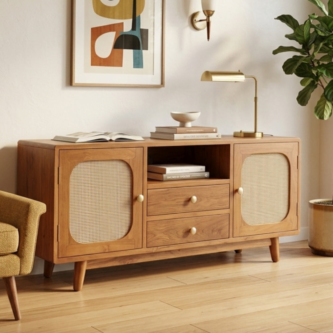 Sagwan Teak Wood Rattan Cane Media Console | Solid Teak Sideboard & TV Stand with Woven Cane Doors | Inspired by Mid-Century Modern Scandinavian Design