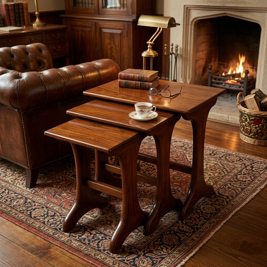 Sagwan Teak Wood Nesting Side Tables Set of 3 | Solid Teak Stackable End Tables with Curved Tapered Legs | Inspired by Early 20th Century Edwardian Design Movement - Bombay Antiques