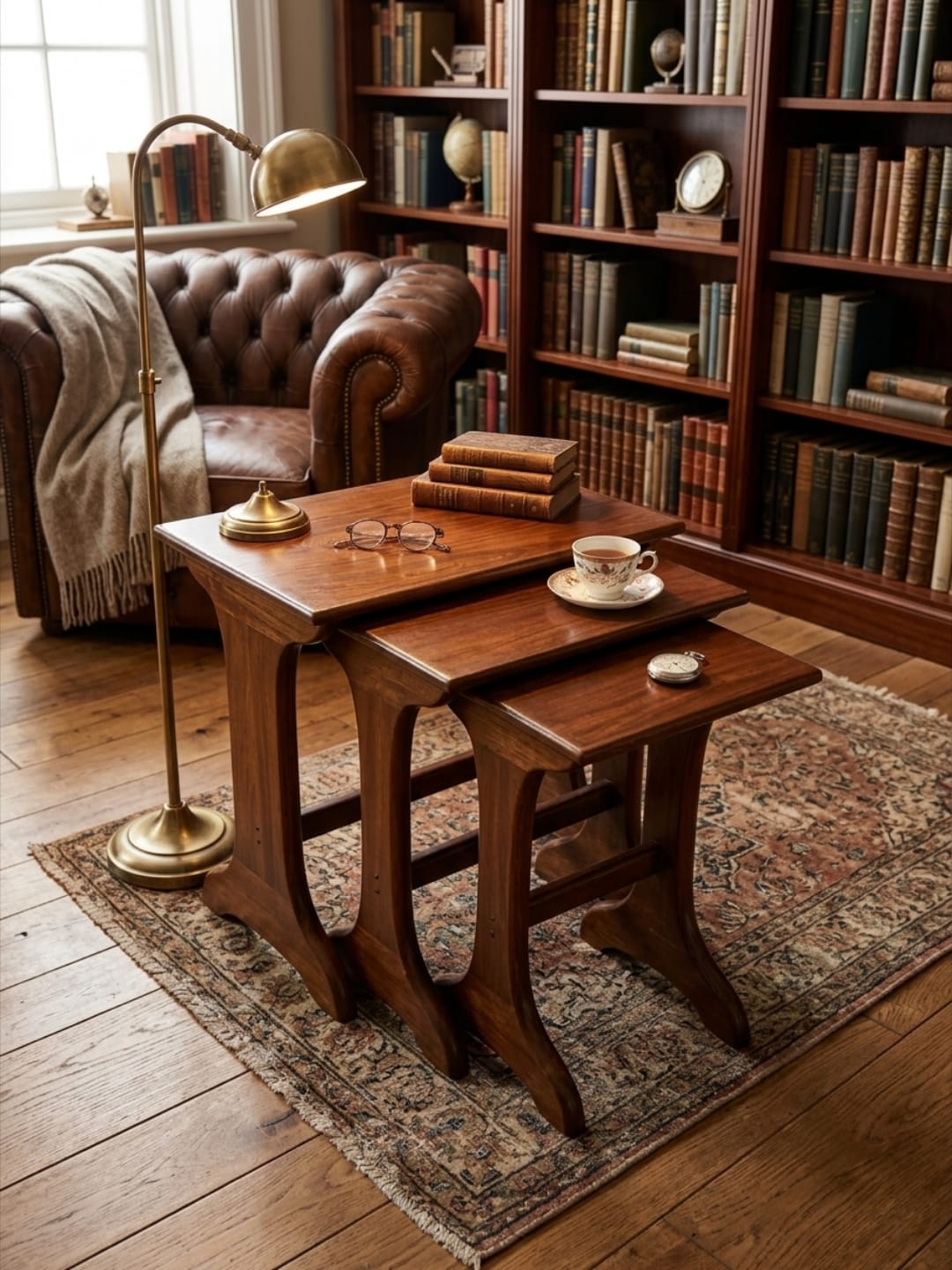 Sagwan Teak Wood Nesting Side Tables Set of 3 | Solid Teak Stackable End Tables with Curved Tapered Legs | Inspired by Early 20th Century Edwardian Design Movement