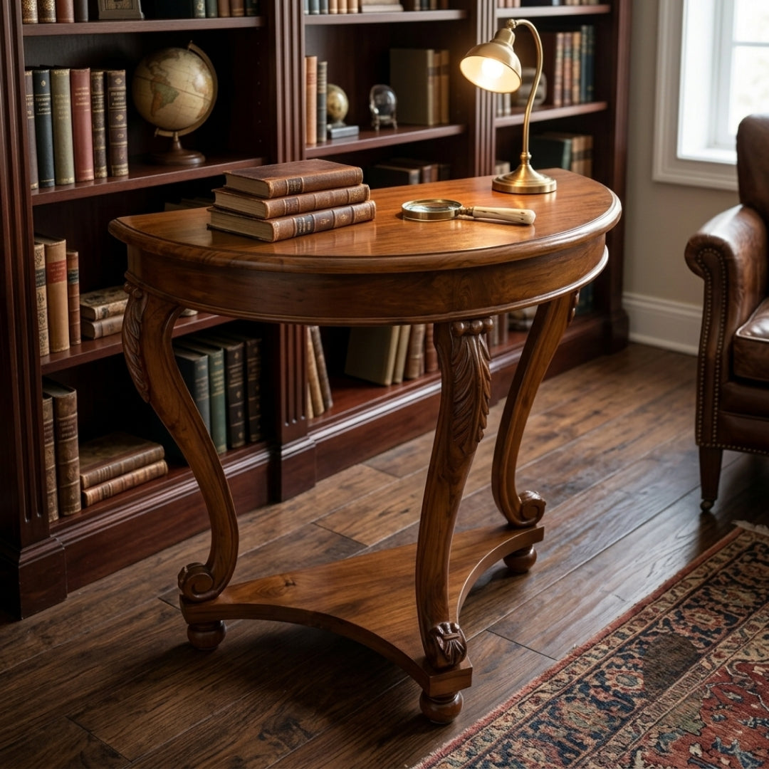 Sagwan Teak Wood Big Size Demilune Console Table | Solid Teak Half-Moon Entryway & Accent Table with Carved Acanthus Legs | Inspired by 18th Century French Louis XV Design Movement