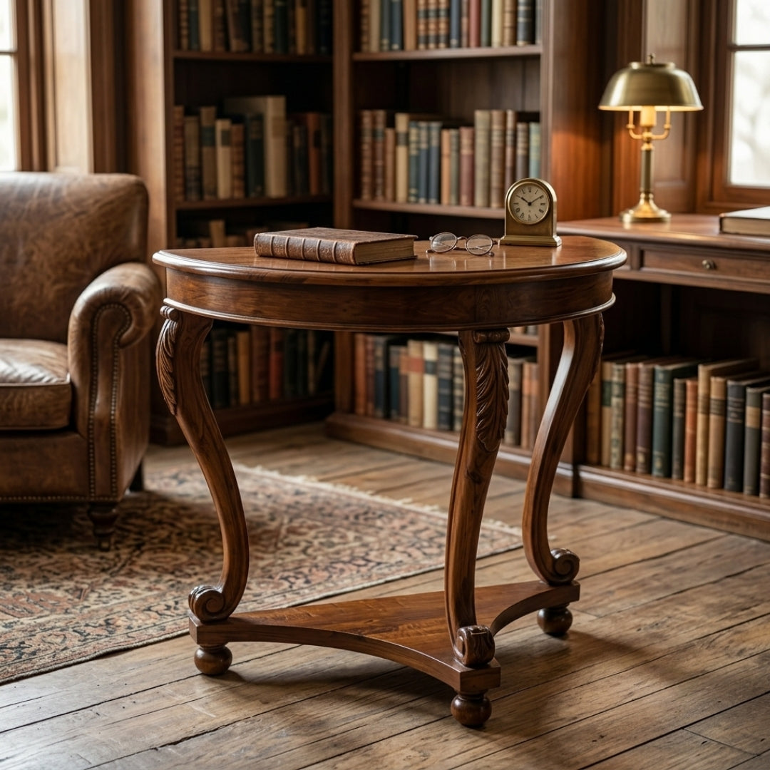 Sagwan Teak Wood Big Size Demilune Console Table | Solid Teak Half-Moon Entryway & Accent Table with Carved Acanthus Legs | Inspired by 18th Century French Louis XV Design Movement