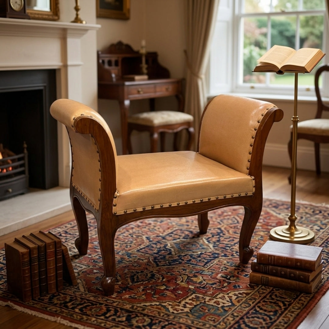 Sagwan Teak Wood Tan Leatherette Window Bench | Solid Teak Rolled-Arm Ottoman Bench with Antique Brass Studs | Inspired by 19th Century Regency & Empire Style