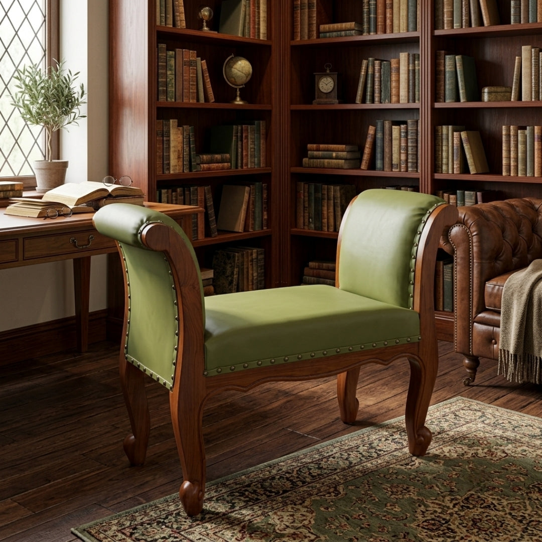 Sagwan Teak Wood Olive Green Leatherette Window Bench | Solid Teak Rolled-Arm Ottoman Bench with Antique Brass Studs | Inspired by 19th Century Regency & Empire Style