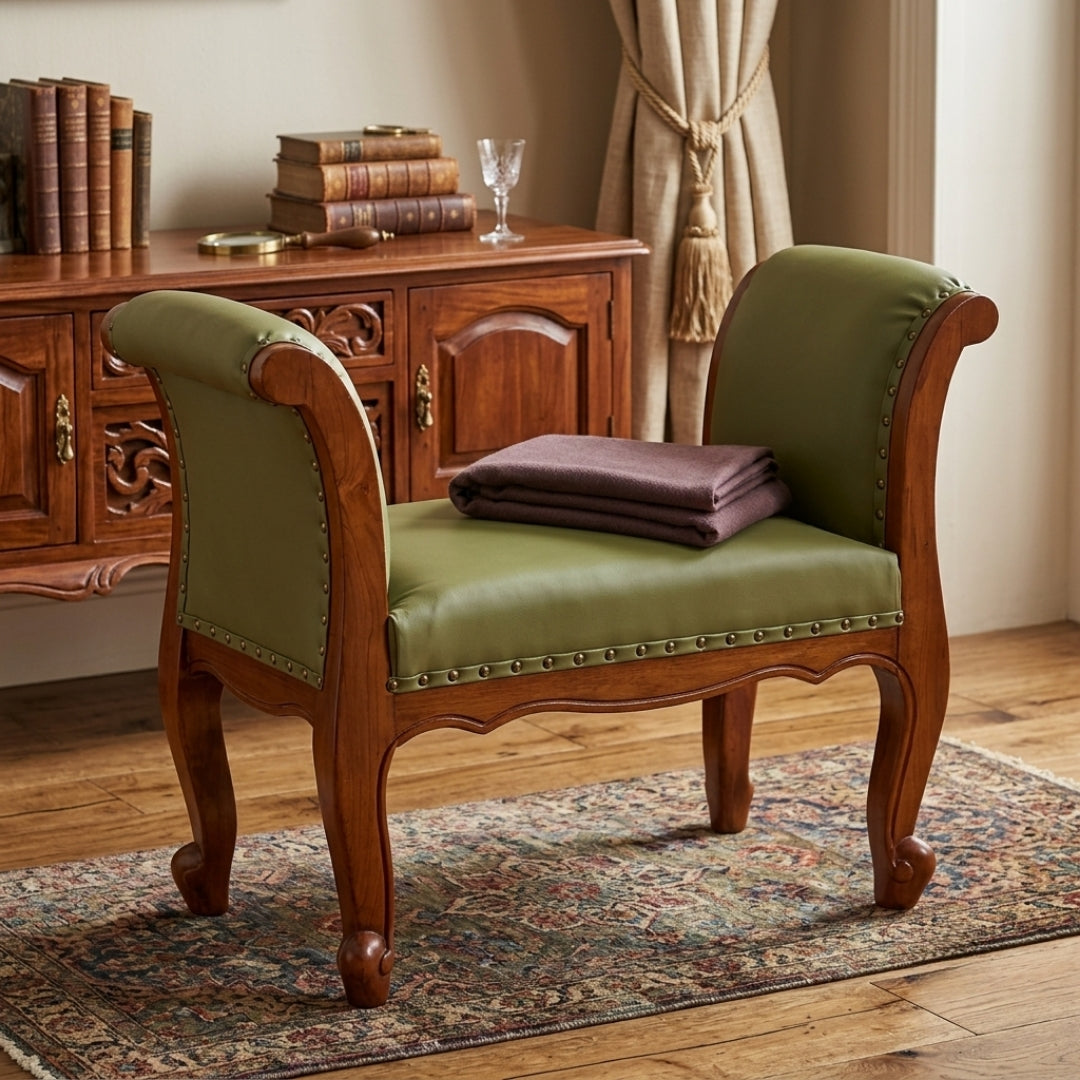 Sagwan Teak Wood Olive Green Leatherette Window Bench | Solid Teak Rolled-Arm Ottoman Bench with Antique Brass Studs | Inspired by 19th Century Regency & Empire Style