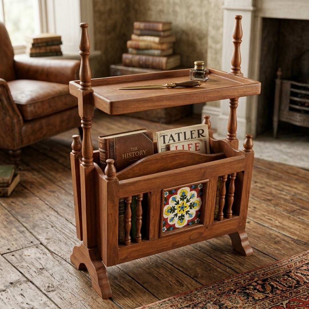 Sagwan Teak Wood Hand-Painted Ceramic Tile Magazine Rack Side Table | Solid Teak Accent Table with Newspaper Holder & Turned Spindles | Inspired by Late 19th Century Victorian & Anglo-Indian Crafts Tradition