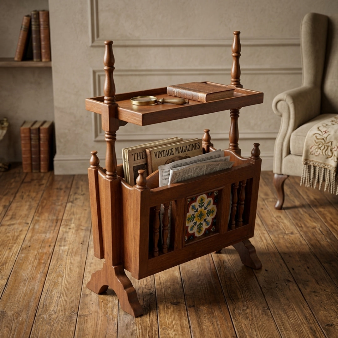 Sagwan Teak Wood Hand-Painted Ceramic Tile Magazine Rack Side Table | Solid Teak Accent Table with Newspaper Holder & Turned Spindles | Inspired by Late 19th Century Victorian & Anglo-Indian Crafts Tradition