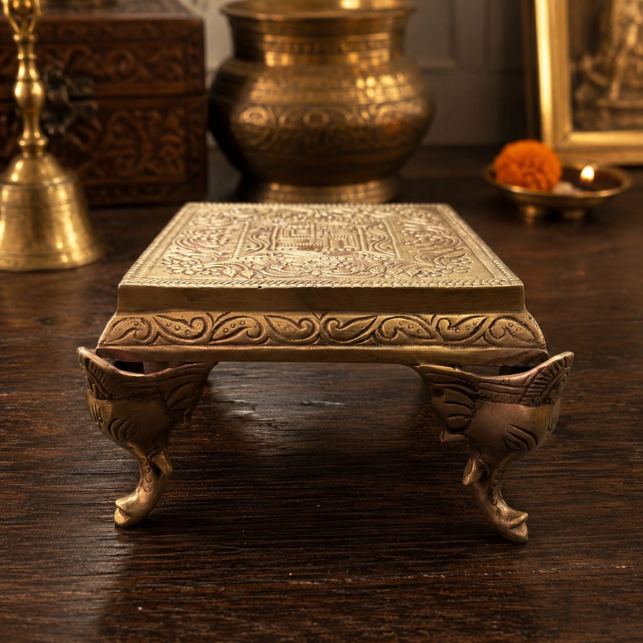 Antique Peetal Engraved Bajot Pedestal | Pure Brass Swastik Chowki | Made in 1975