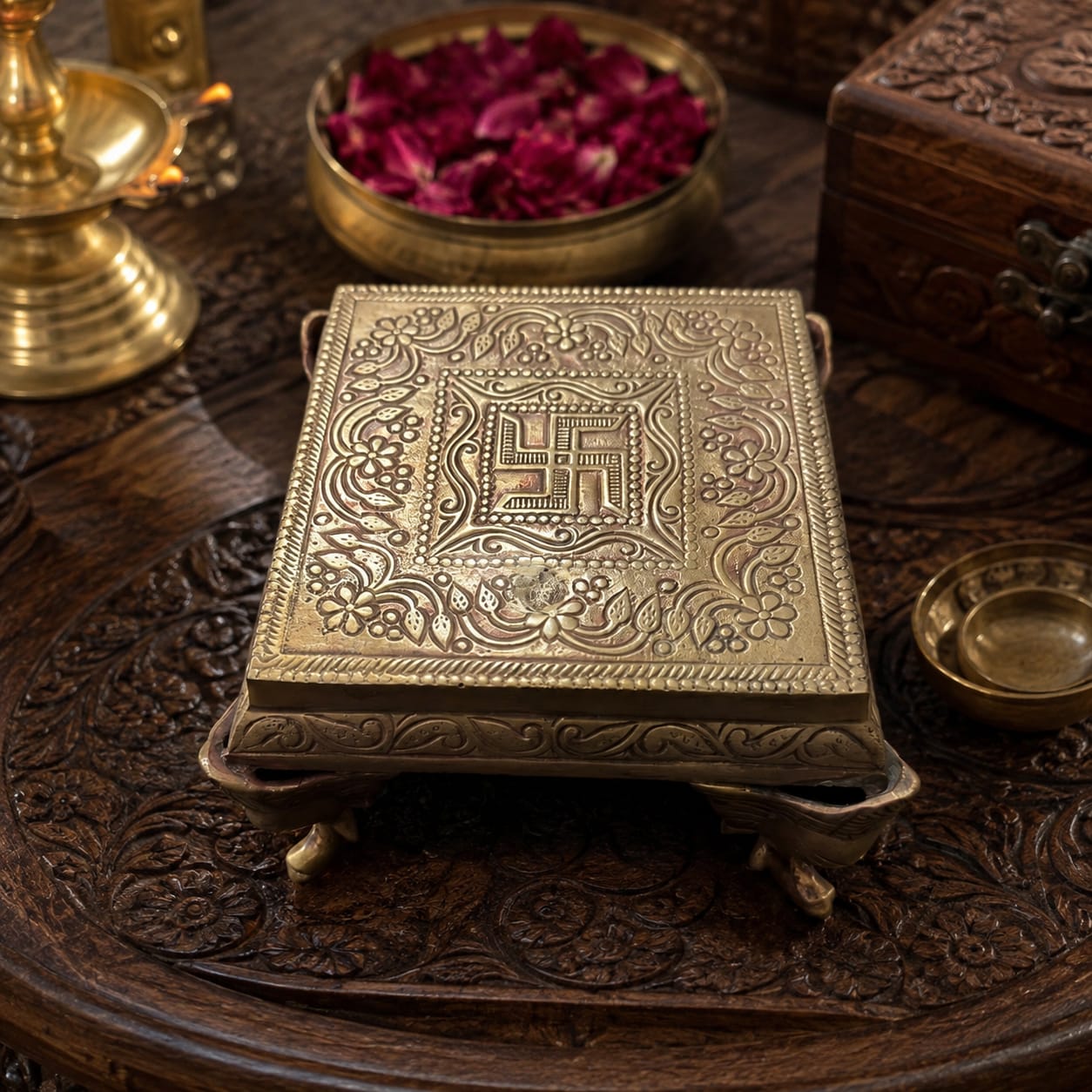 Antique Peetal Engraved Bajot Pedestal | Pure Brass Swastik Chowki | Made in 1975