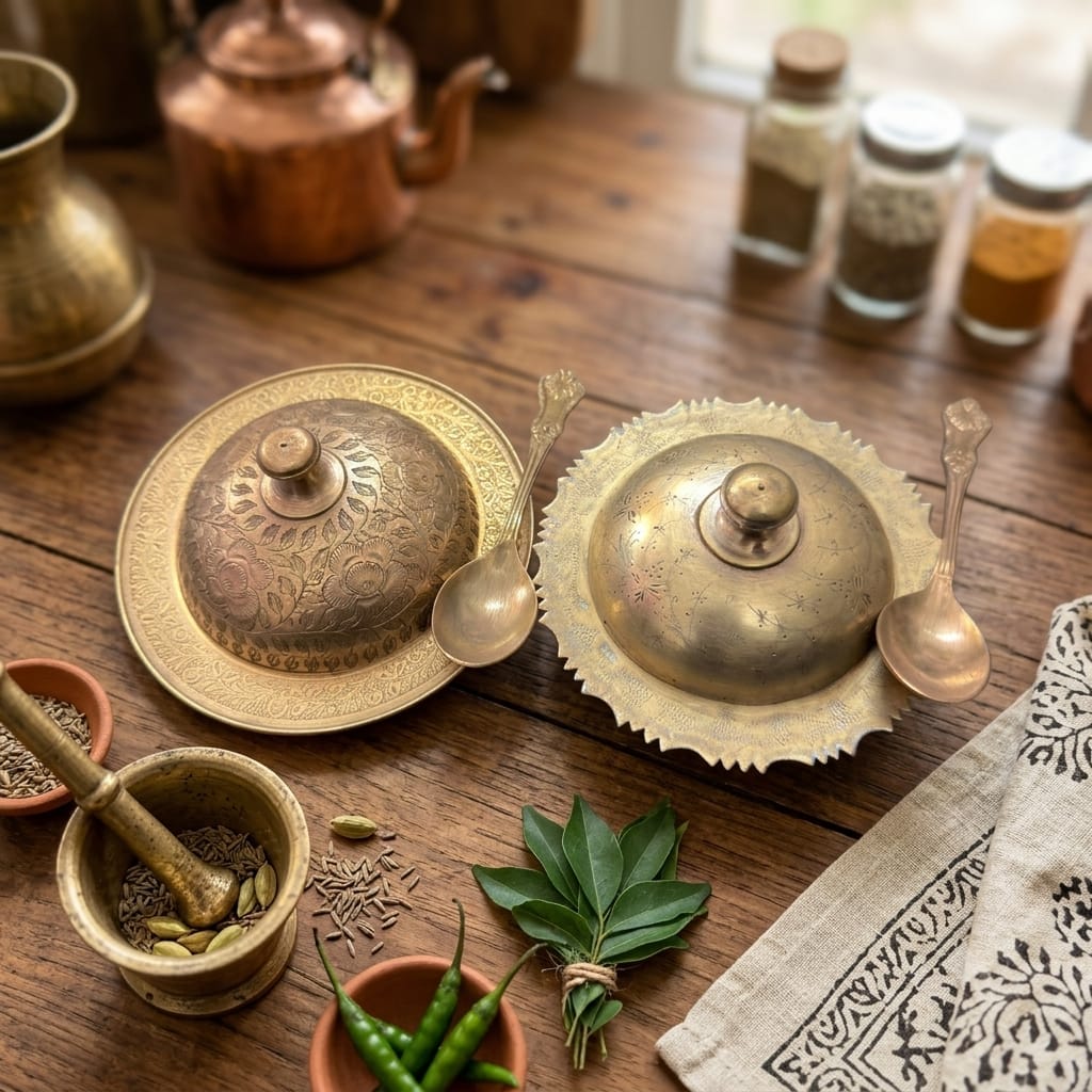 Antique Peetal Spice Bowls with Lids Set of 2 | Pure Brass Serving Bowls with Spoons | Made in 1975