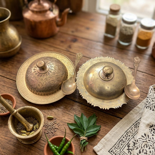 Antique Peetal Spice Bowls with Lids Set of 2 | Pure Brass Serving Bowls with Spoons | Made in 1975